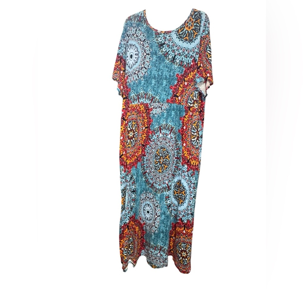 Bohemian Mandala Blue and Red Short Sleeve Maxi Dress with Pockets size 5X - Picture 2 of 5